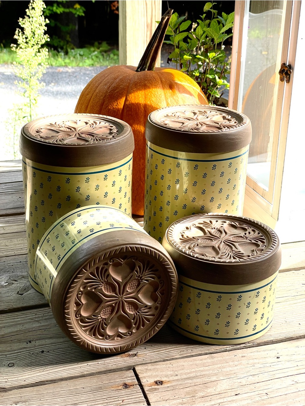 Cheinco Cottagecore Vintage Yellow Tin Canister Set of 4 Brown Lids Farmhouse